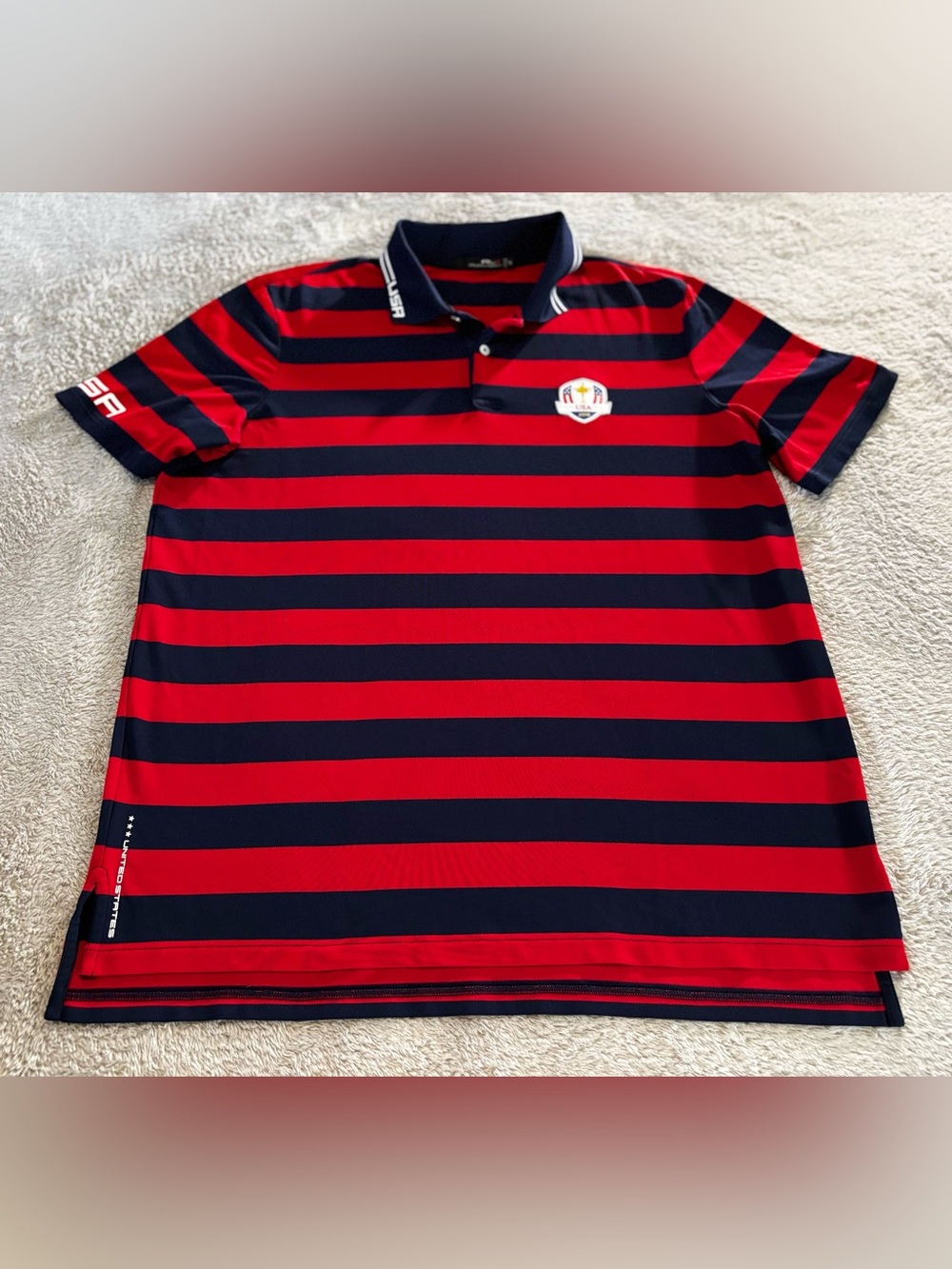 Ralph Lauren Red and Navy Horizontal Stripe Polo Ryder Cup 2016 USA Crest - Picture 2 of 8
